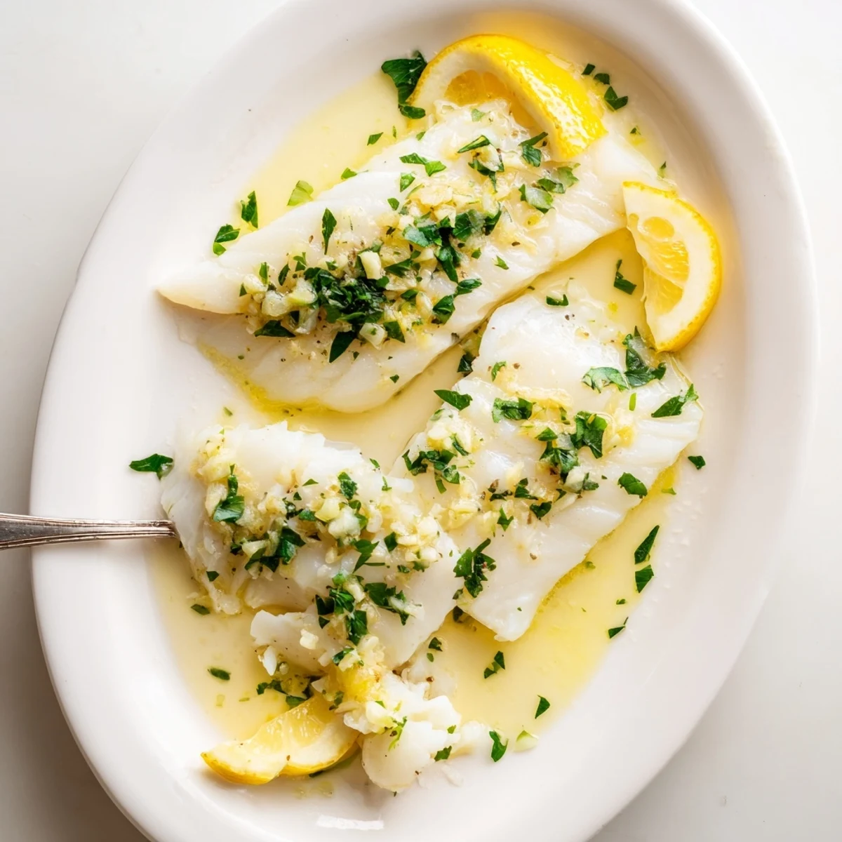 Perfectly cooked Mediterranean cod glistening with buttery lemon garlic sauce and topped with bright green herbs