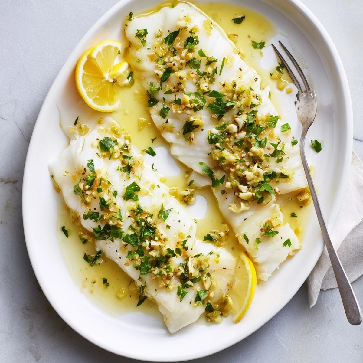 Golden baked lemon garlic cod fillets flake apart tenderly on a white serving plate with fresh parsley garnish