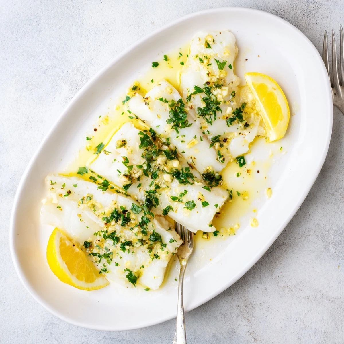 Flaky white cod baked in zesty lemon garlic butter sauce served with fresh parsley and lemon wedges