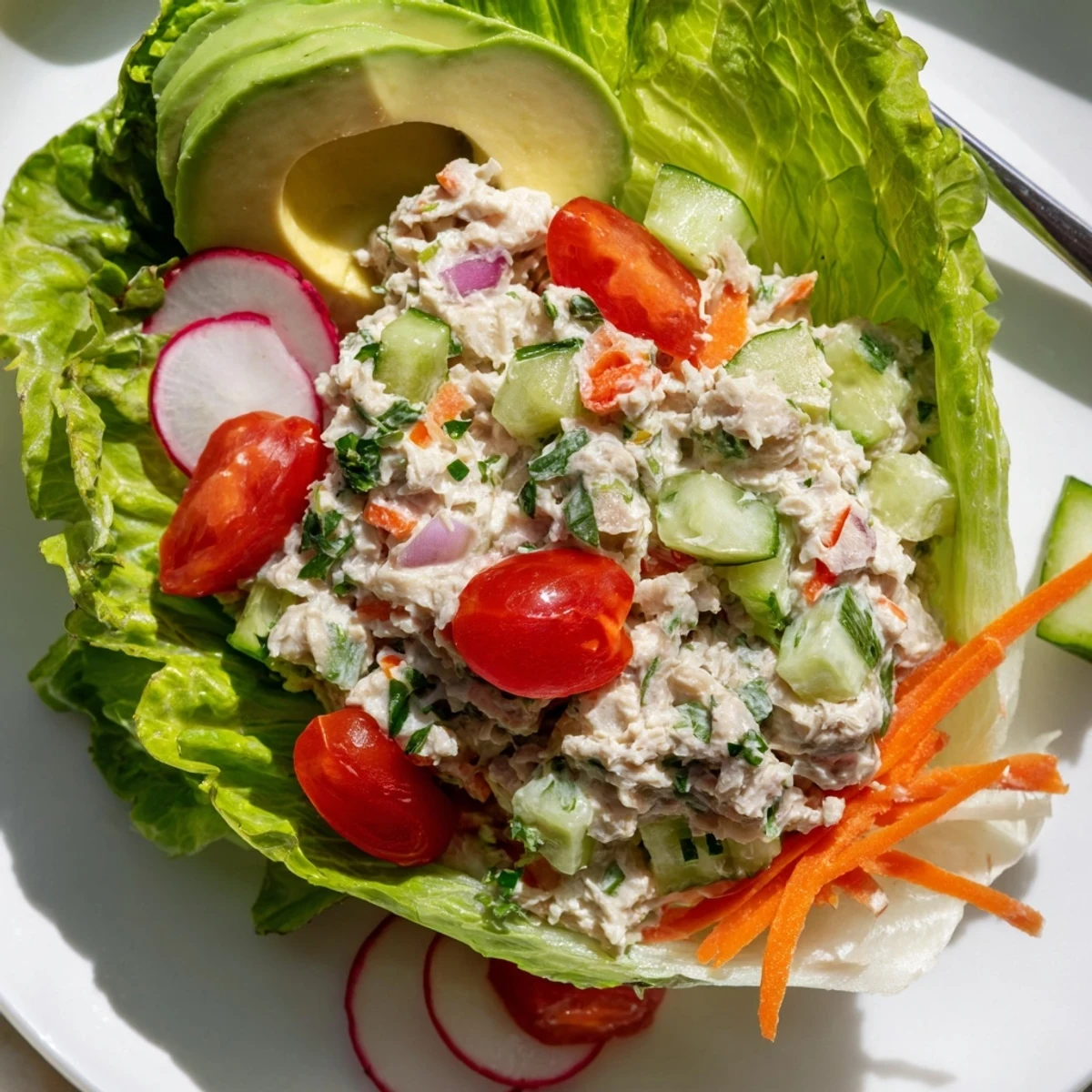 Crisp lettuce cups filled with creamy zesty tuna salad topped with fresh avocado slices
