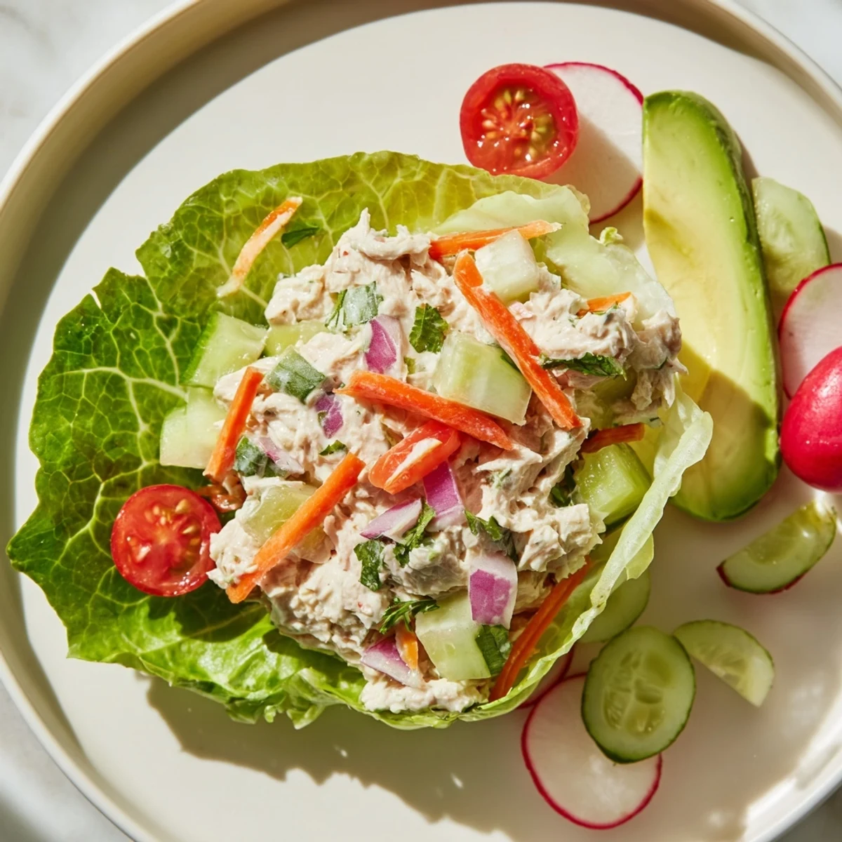 Protein-rich tuna salad nestled in butter lettuce leaves with cherry tomatoes and cucumber