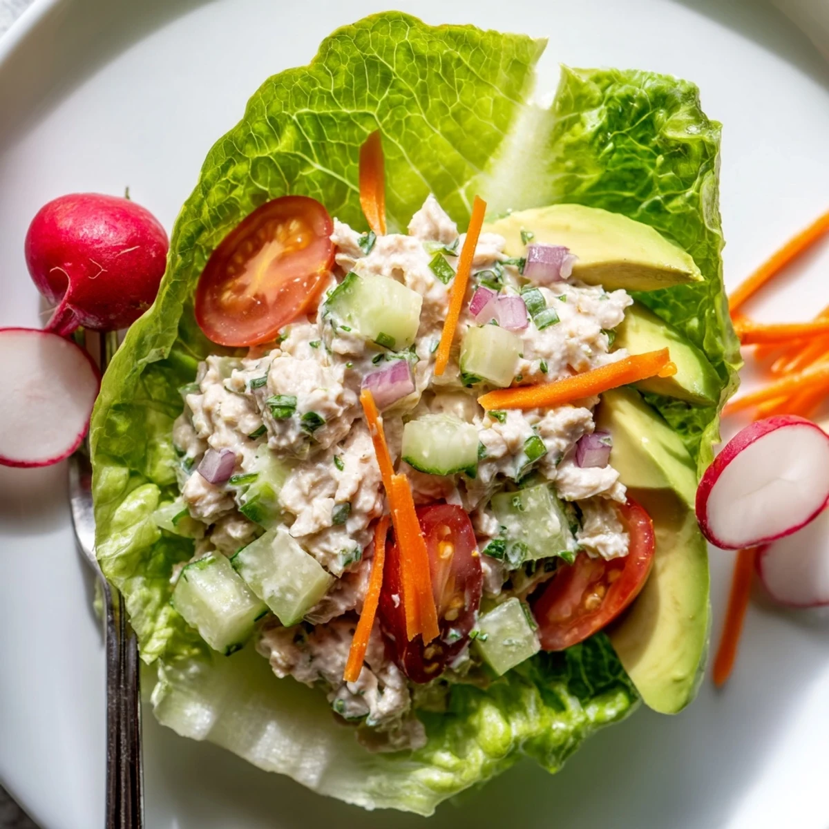 Easy low-carb tuna salad wraps featuring crisp romaine lettuce and colorful vegetable garnishes