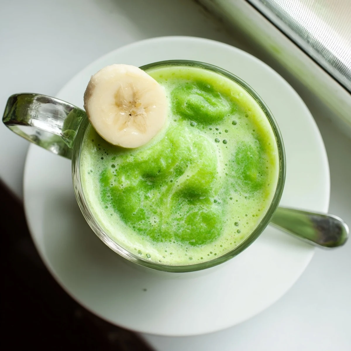 Thick Greek yogurt green smoothie topped with chia seeds and served chilled for breakfast