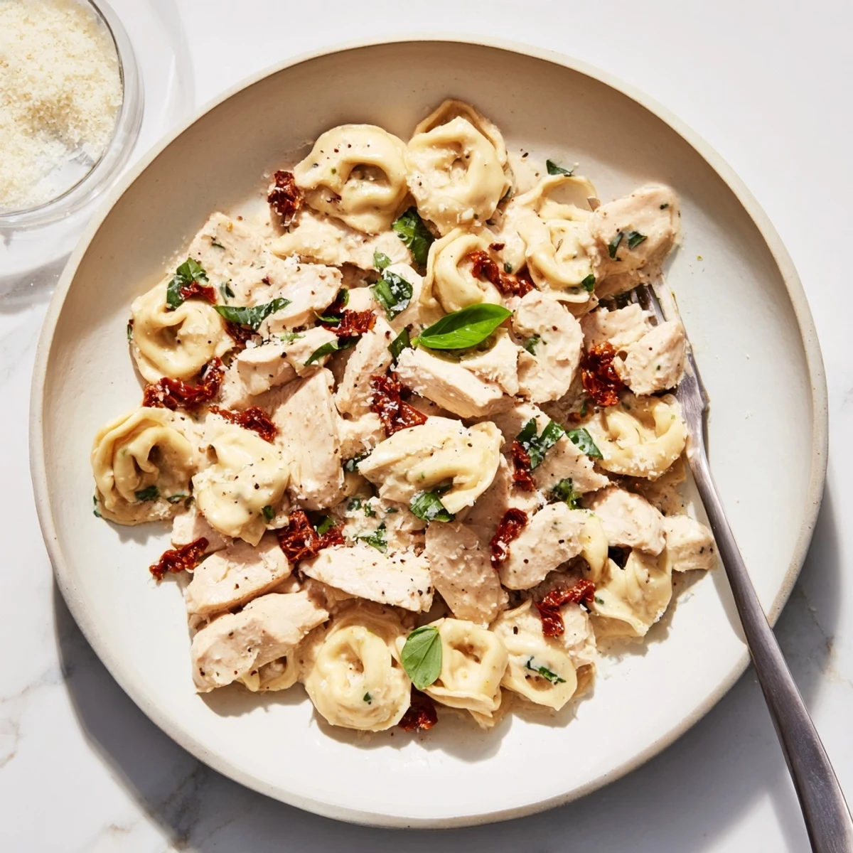 Creamy Marry Me Chicken Tortellini Skillet with sun-dried tomatoes and parmesan sauce garnished with fresh basil