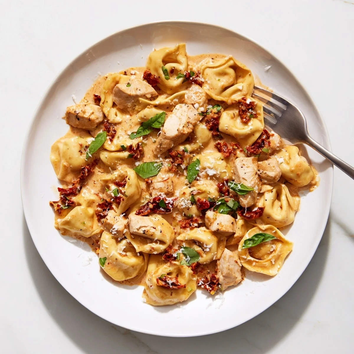 One-pan Marry Me Chicken Tortellini featuring tender pasta chunks in a savory garlic parmesan cream sauce