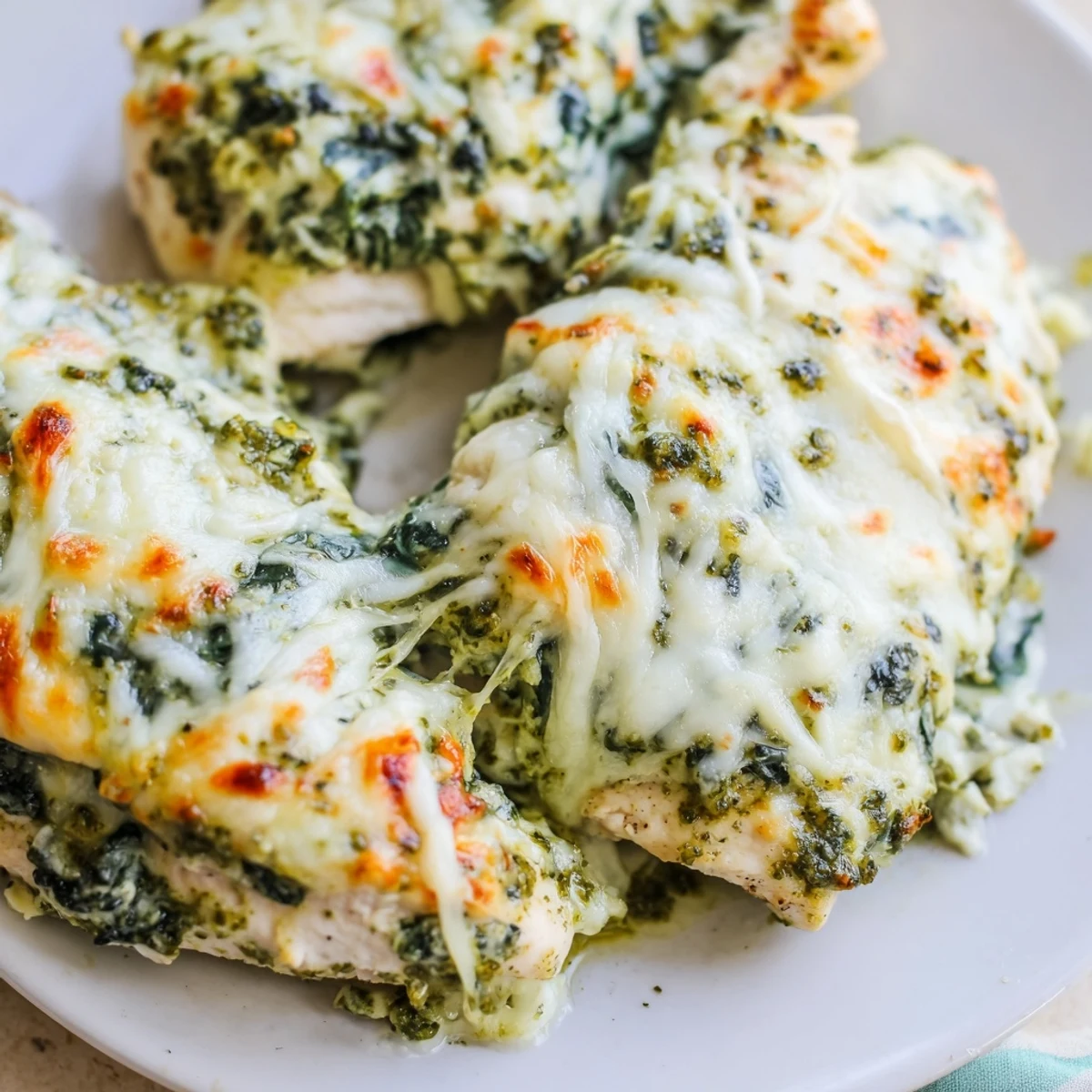 Golden bubbly pesto spinach artichoke chicken bake fresh from the oven with melted mozzarella topping
