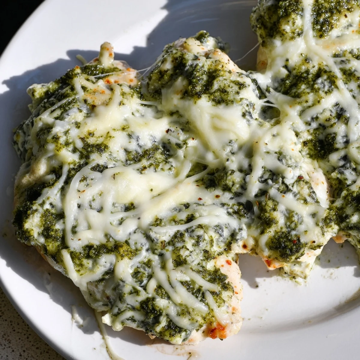 Creamy spinach and artichoke layered chicken breasts baked with basil pesto and gooey shredded cheese