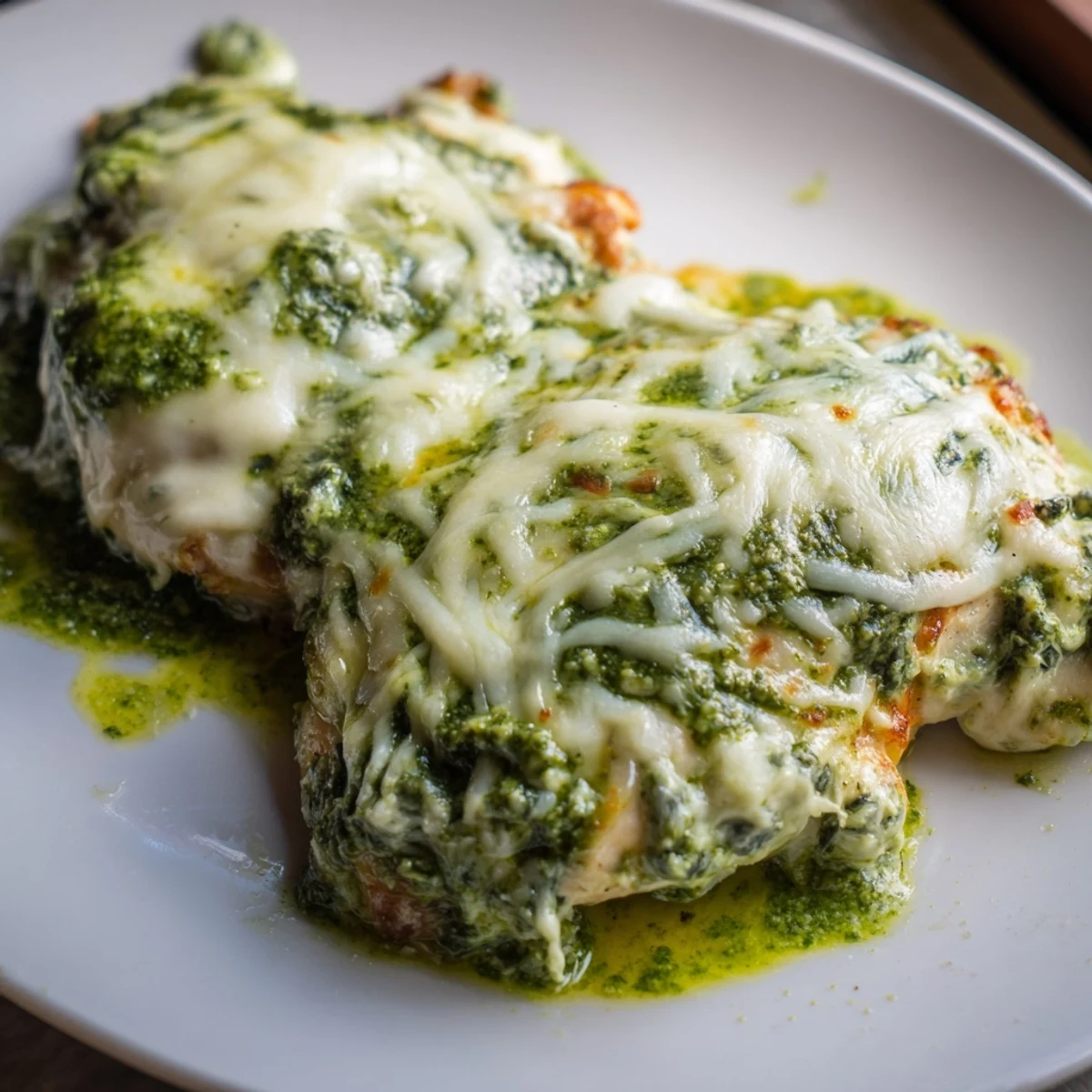 Sizzling pesto spinach artichoke chicken bake plated with garlicky cream sauce and golden brown cheese crust