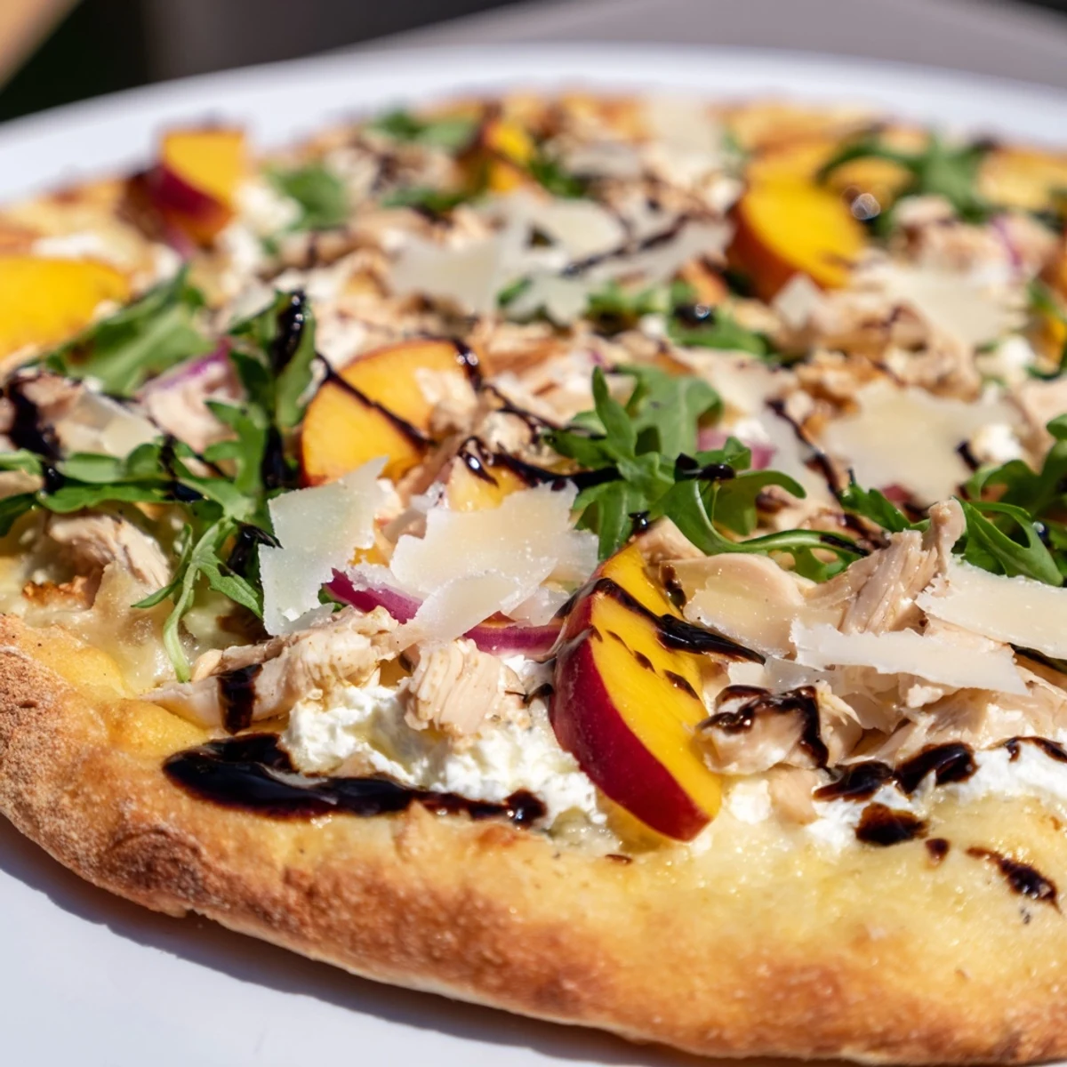 Golden chicken peach ricotta pizza topped with fresh arugula and balsamic glaze on a crisp crust