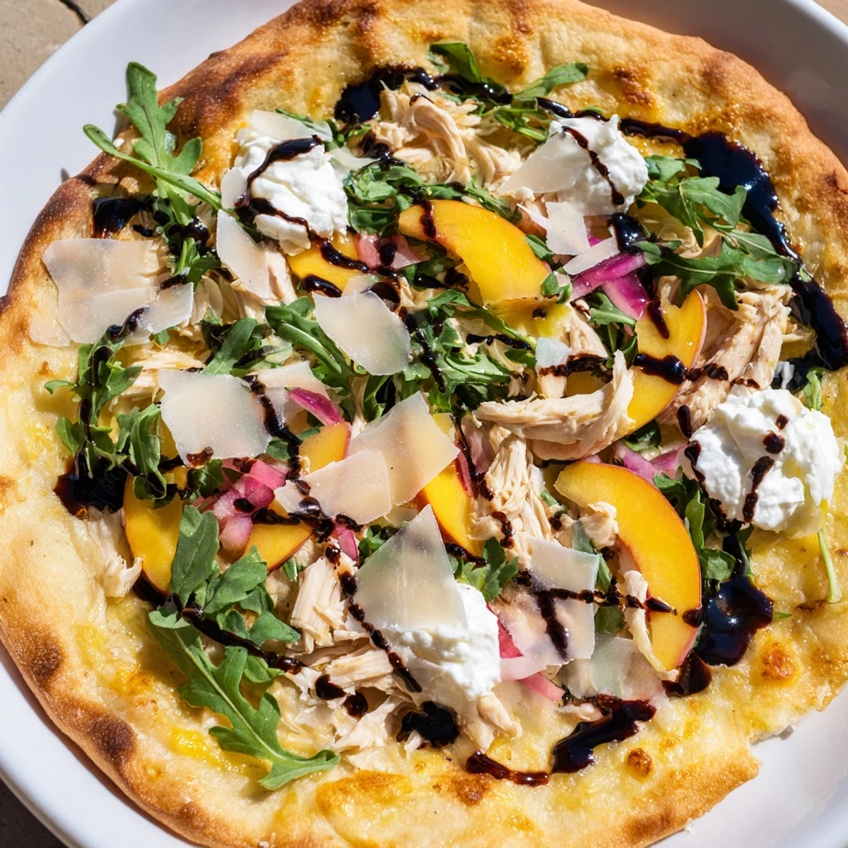 Summer pizza featuring juicy peach slices, tender chicken, and creamy ricotta with peppery arugula garnish