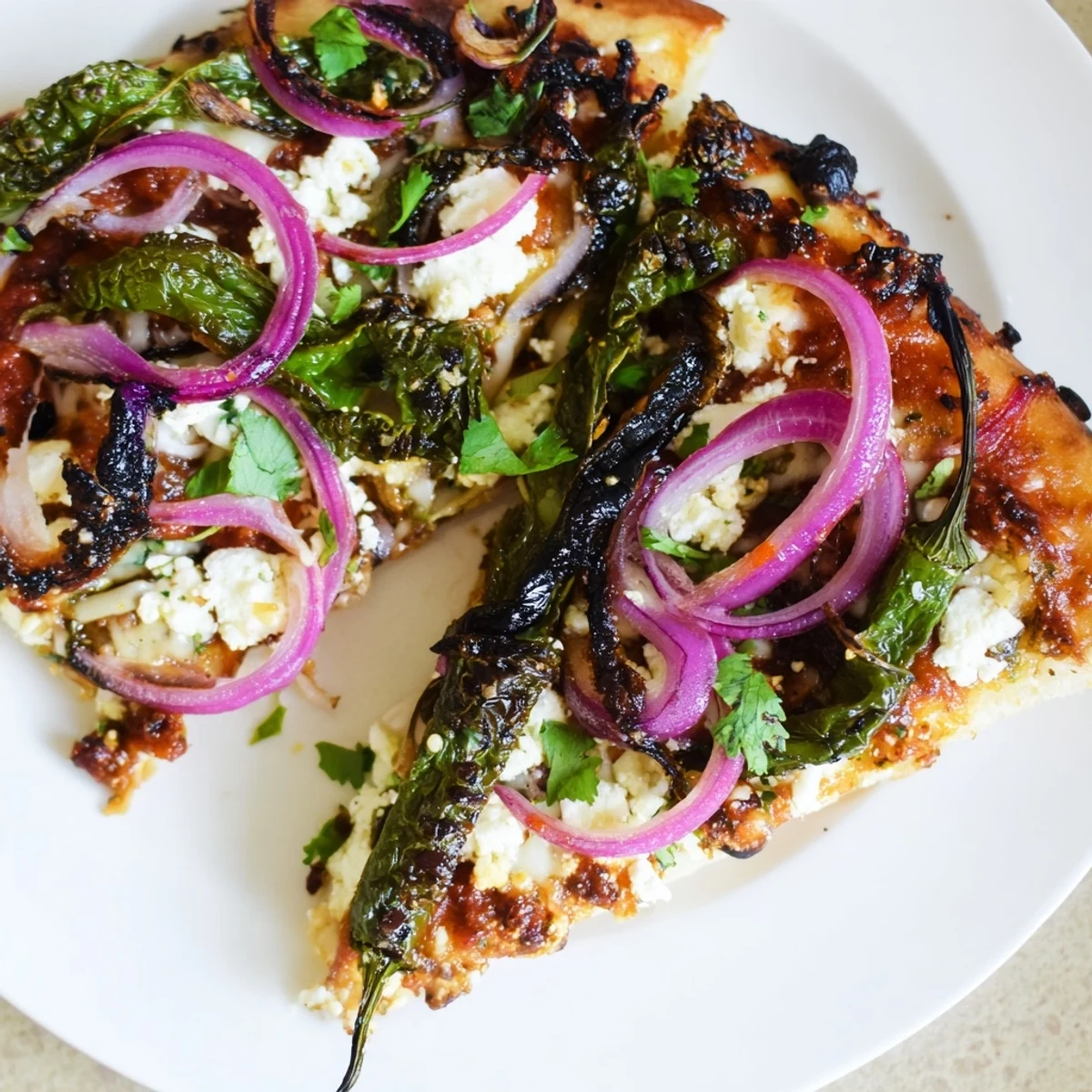 Freshly baked Poblano Pizza with Cilantro featuring charred poblano strips, red onion, and crumbled queso fresco