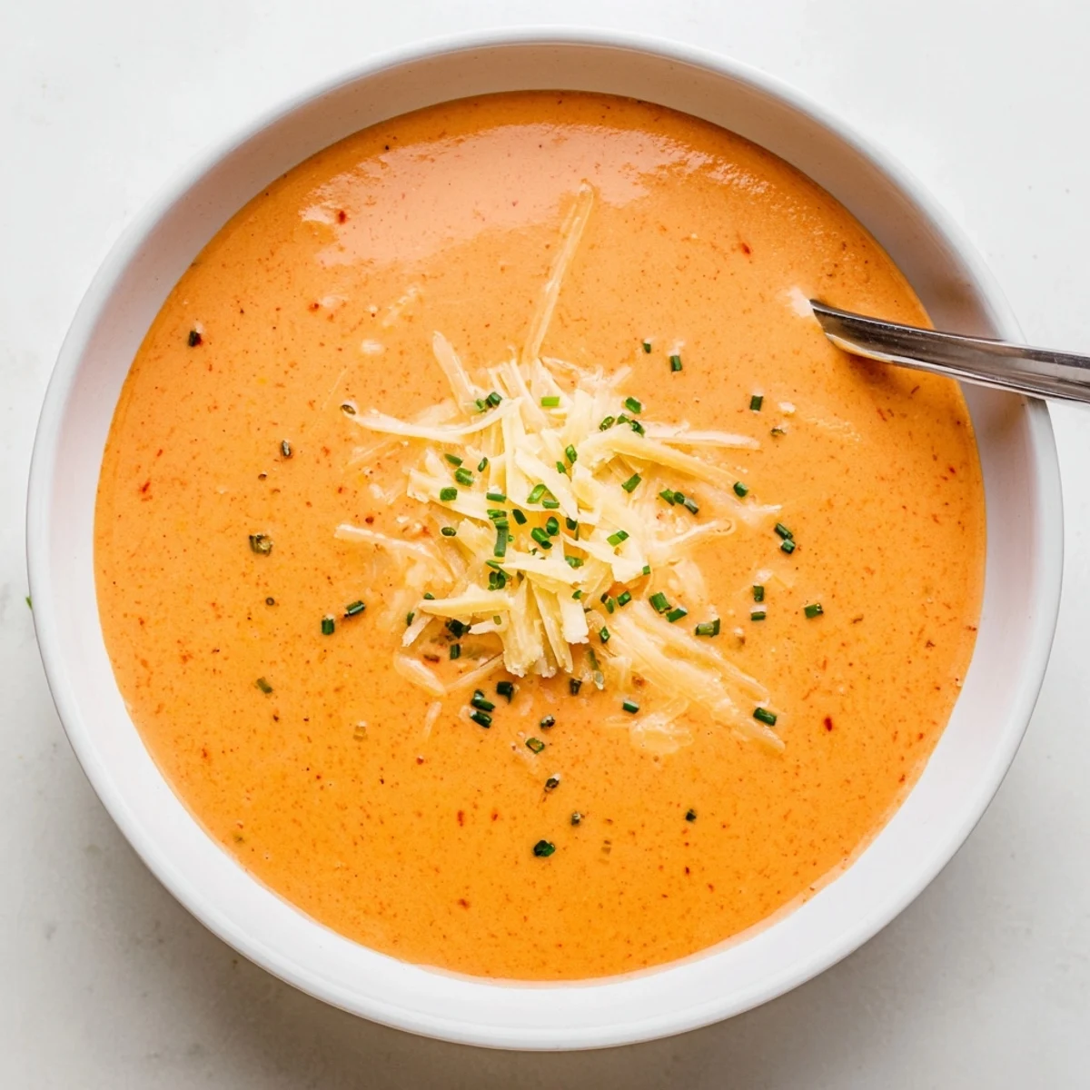 Creamy roasted red pepper Gouda soup garnished with fresh chives and melted cheese topping