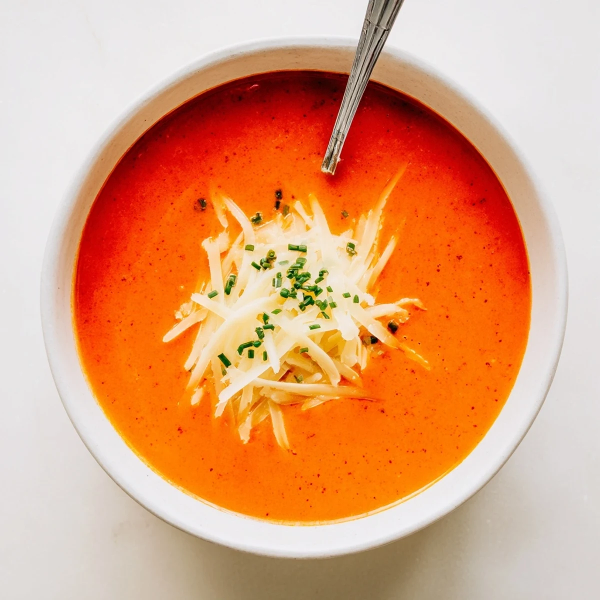 Rich roasted red pepper Gouda soup with golden cheese shreds and green parsley sprinkle
