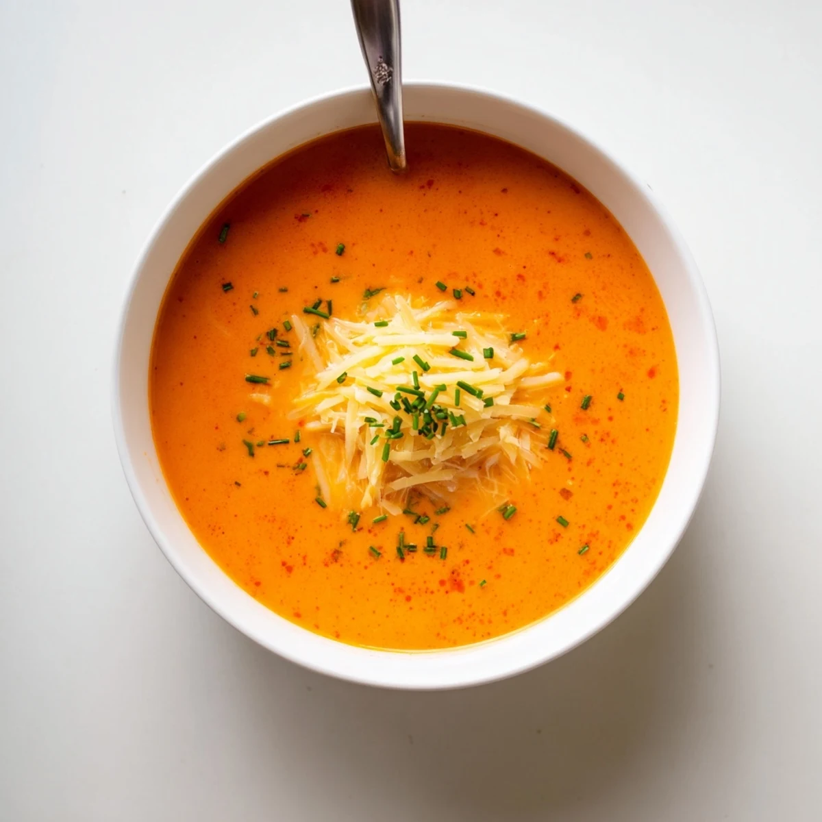 Velvety smooth roasted red pepper Gouda soup served in white bowl with crusty bread
