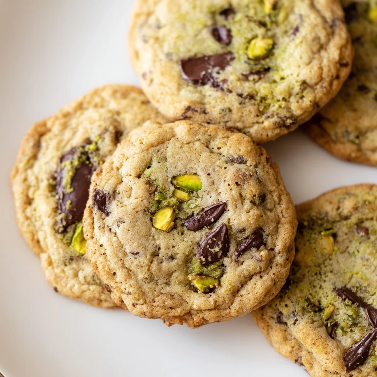 Freshly baked pistachio cream chocolate chip cookies with golden edges and melted chocolate chunks
