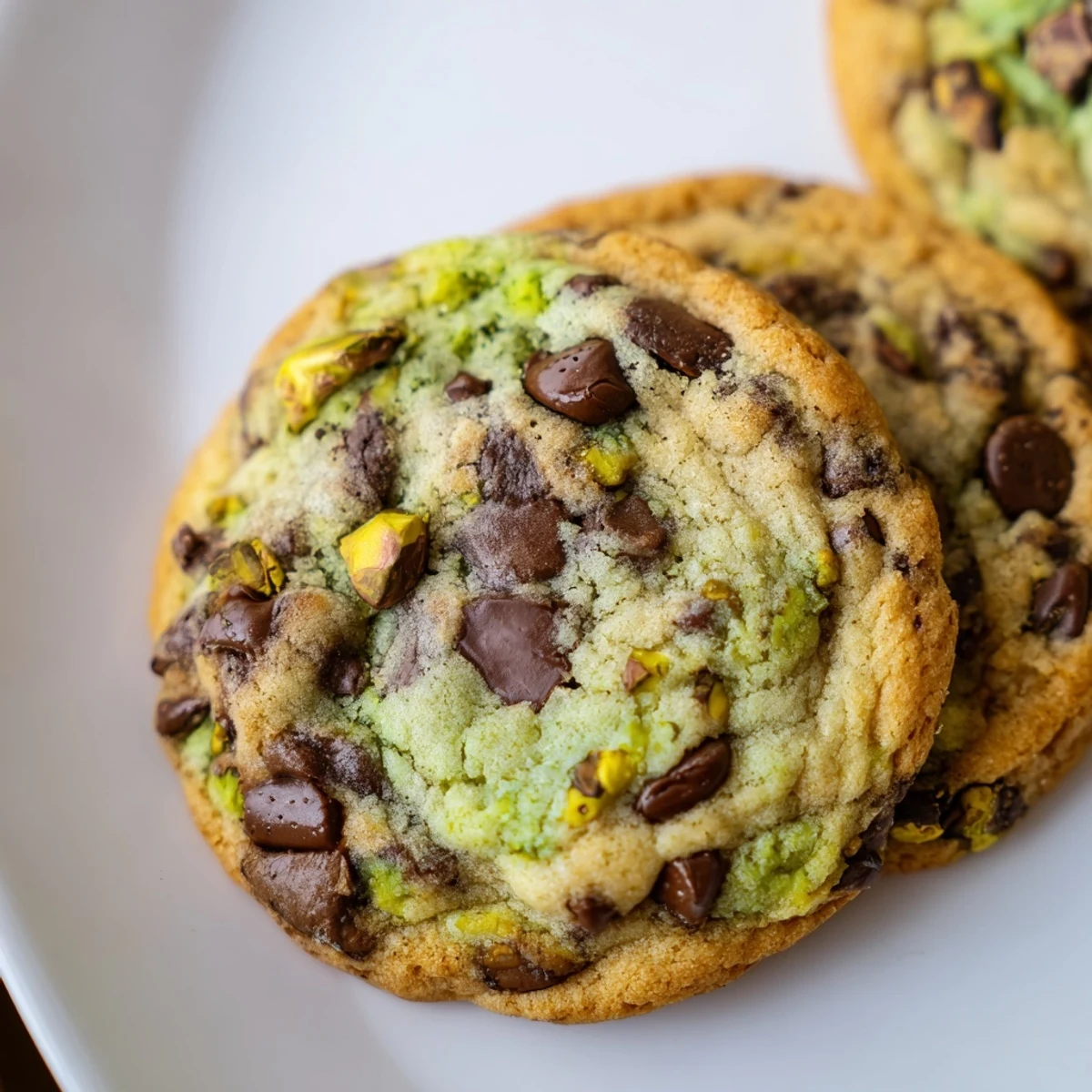 Soft pistachio cream chocolate chip cookies piled on a wooden cutting board ready for serving