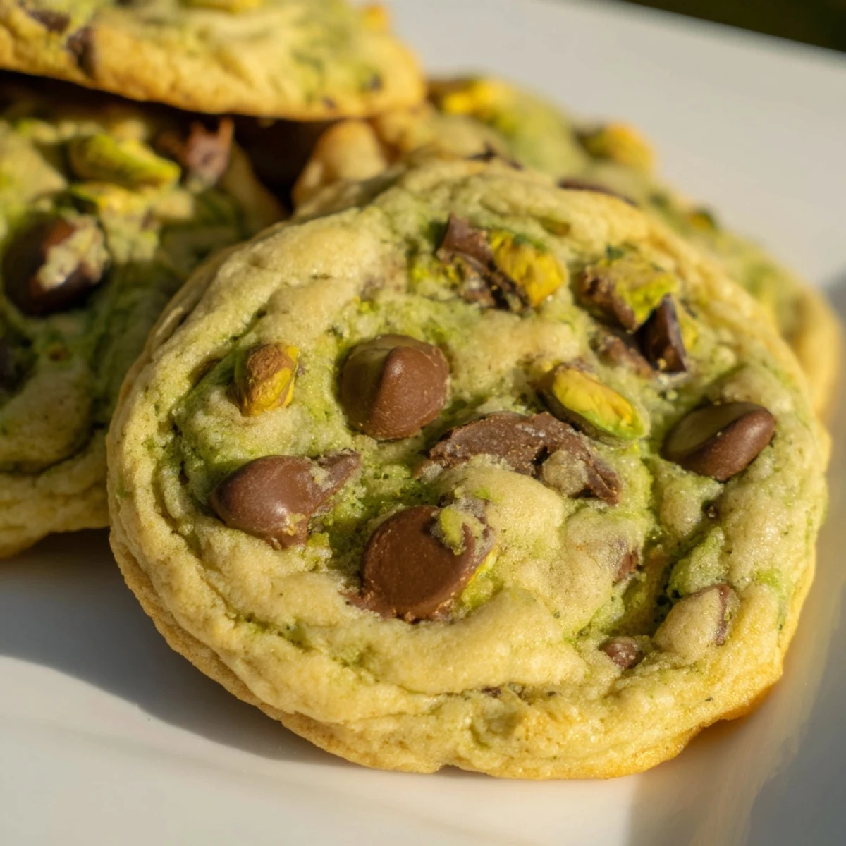 Close up of chewy pistachio cream chocolate chip cookies studded with green pistachios and chocolate chips