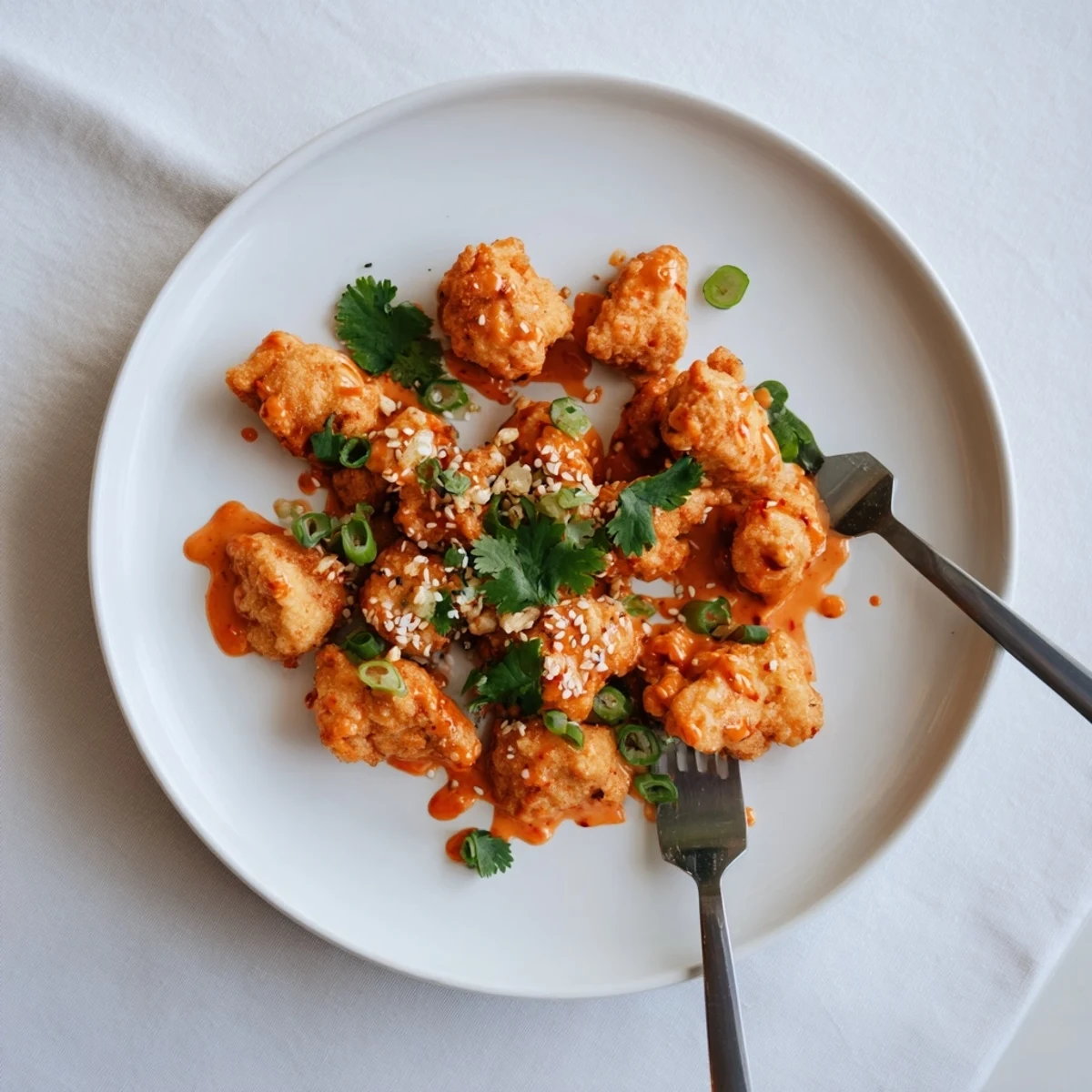 Golden spicy Bang Bang Chicken coated in creamy red sauce with sesame seeds