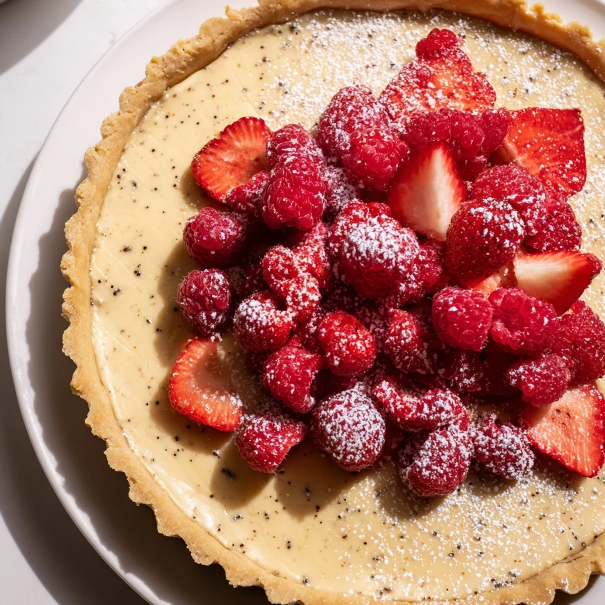 Elegant French vanilla bean tart featuring silky smooth custard in a golden baked pastry shell