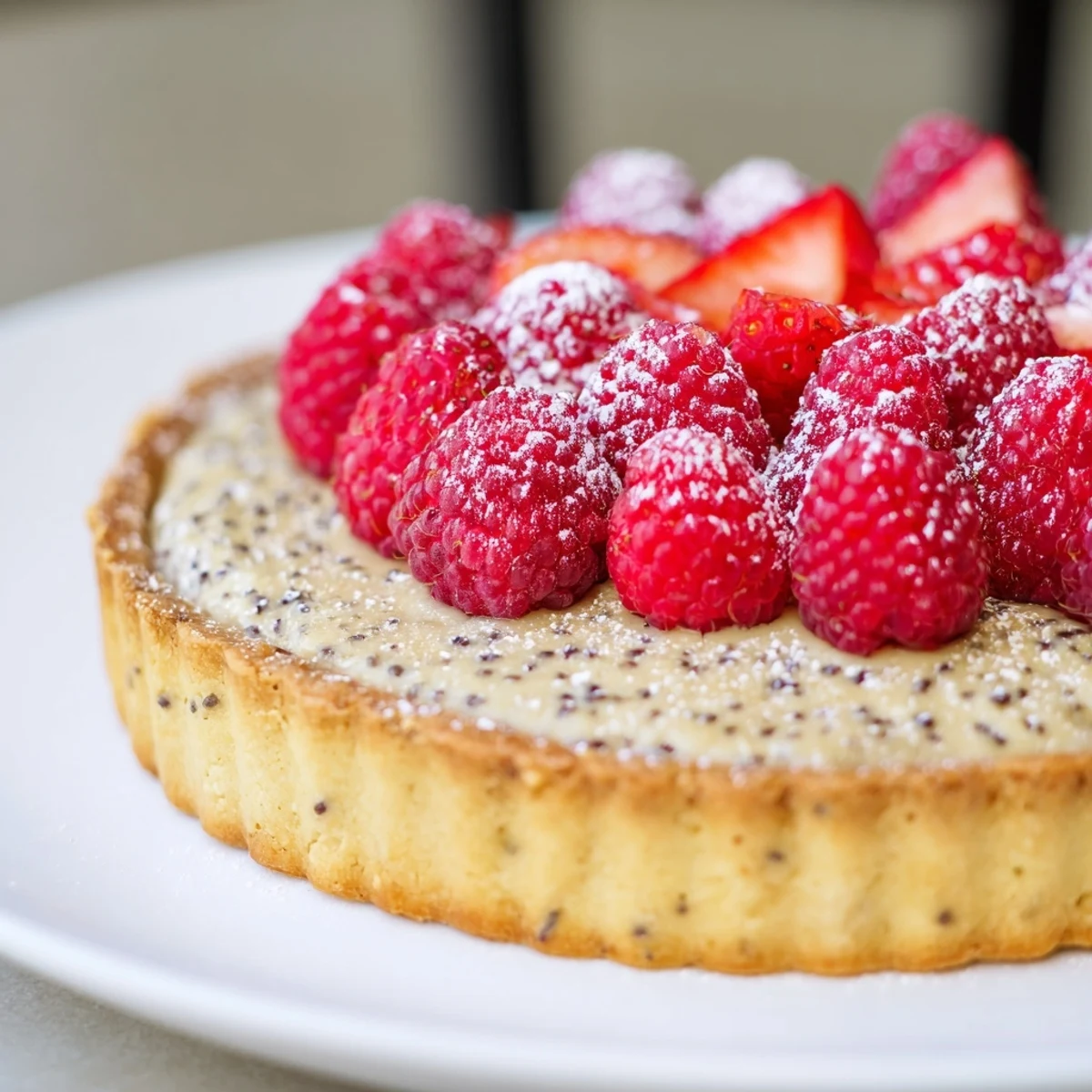 Golden vanilla bean pastry cream tart with glossy custard filling in crisp buttery crust