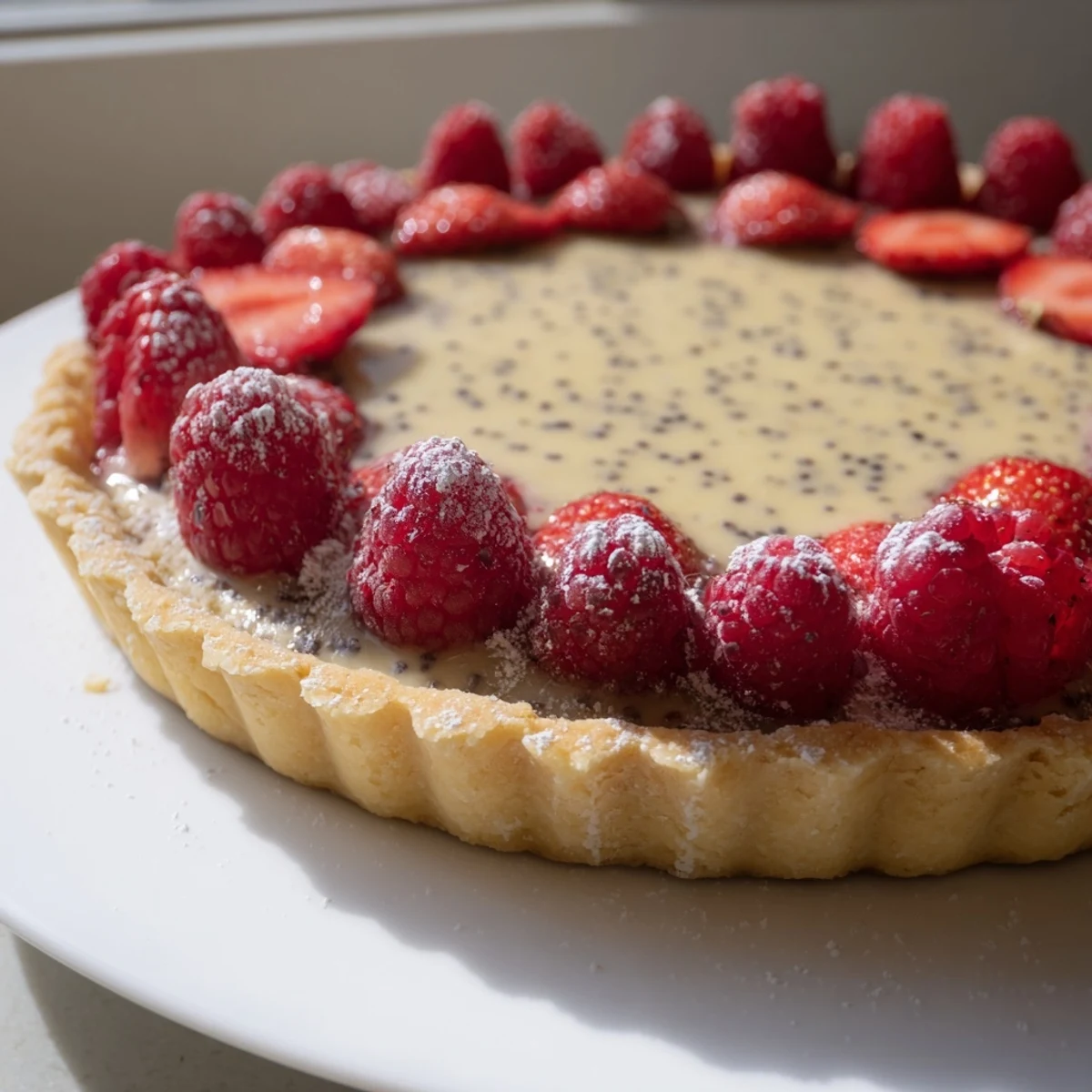 Luxurious dessert tart brimming with fragrant vanilla bean cream atop a flaky, buttery pastry base
