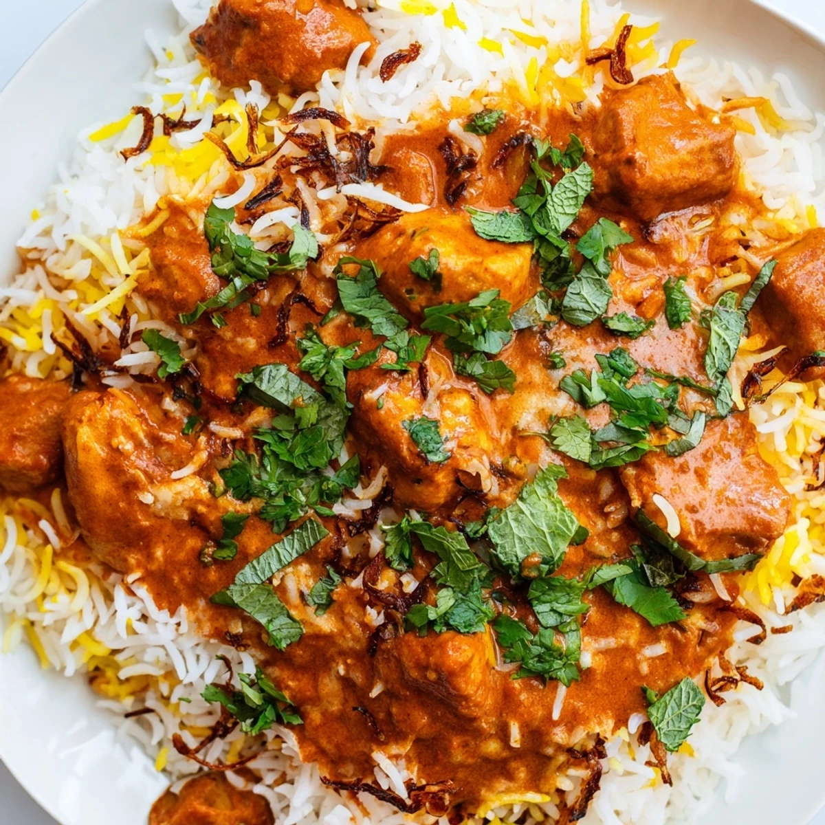 Golden fragrant butter chicken biryani layered with tender spiced meat and fluffy saffron basmati rice