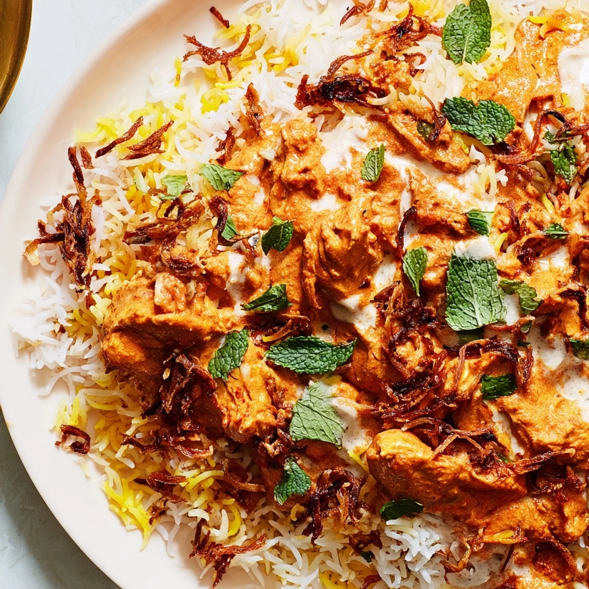 Steaming pot of aromatic butter chicken biryani garnished with fresh cilantro mint and crispy fried onions