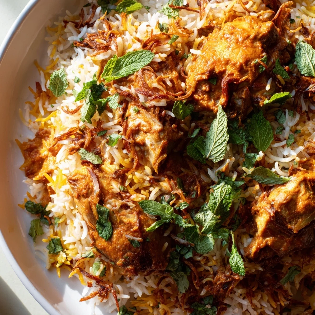 Rich Indian butter chicken biryani served on white plate showcasing spiced sauce over long-grain yellow rice