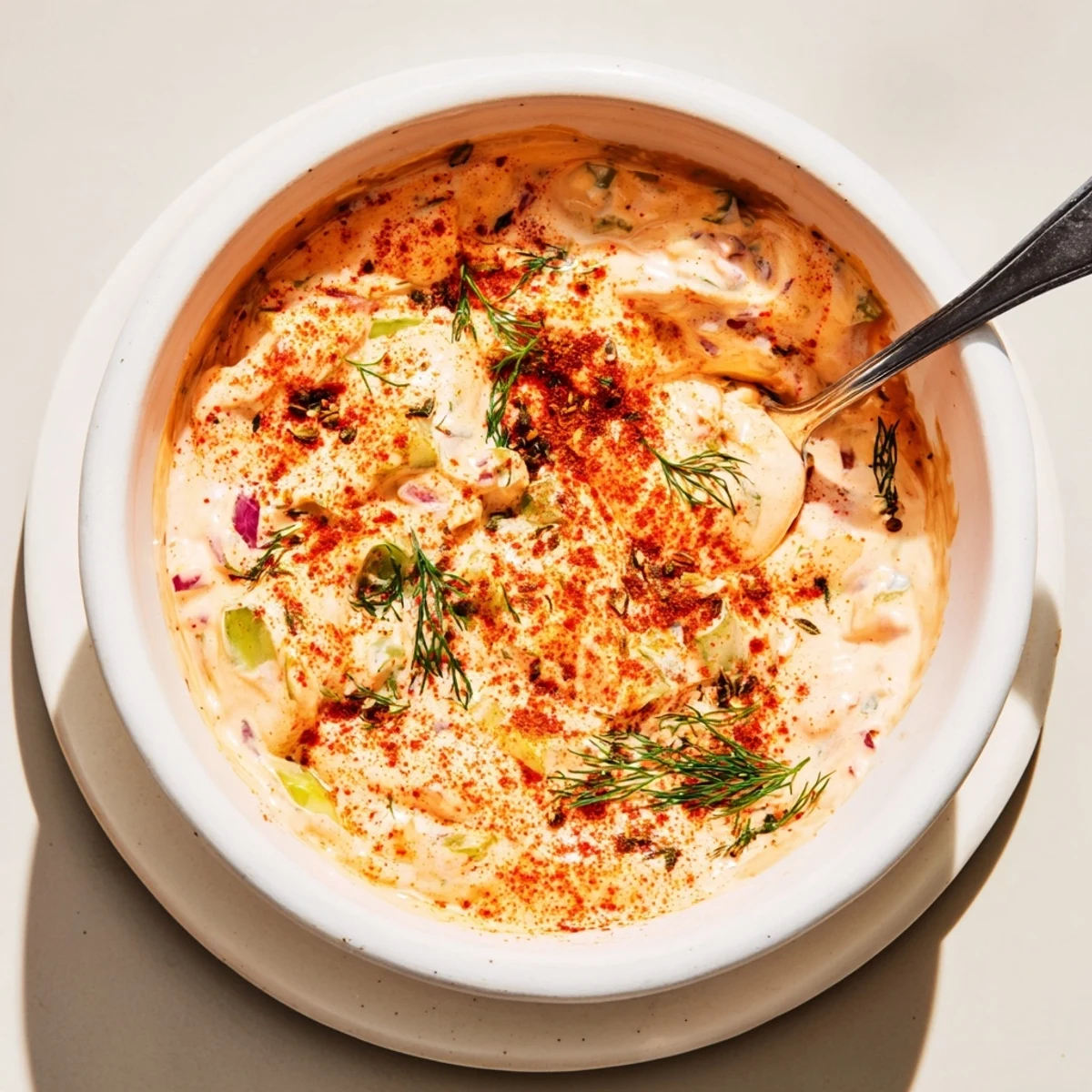 Spicy dill pickle burger sauce in small white ramekin garnished with fresh dill sprigs alongside crispy fries