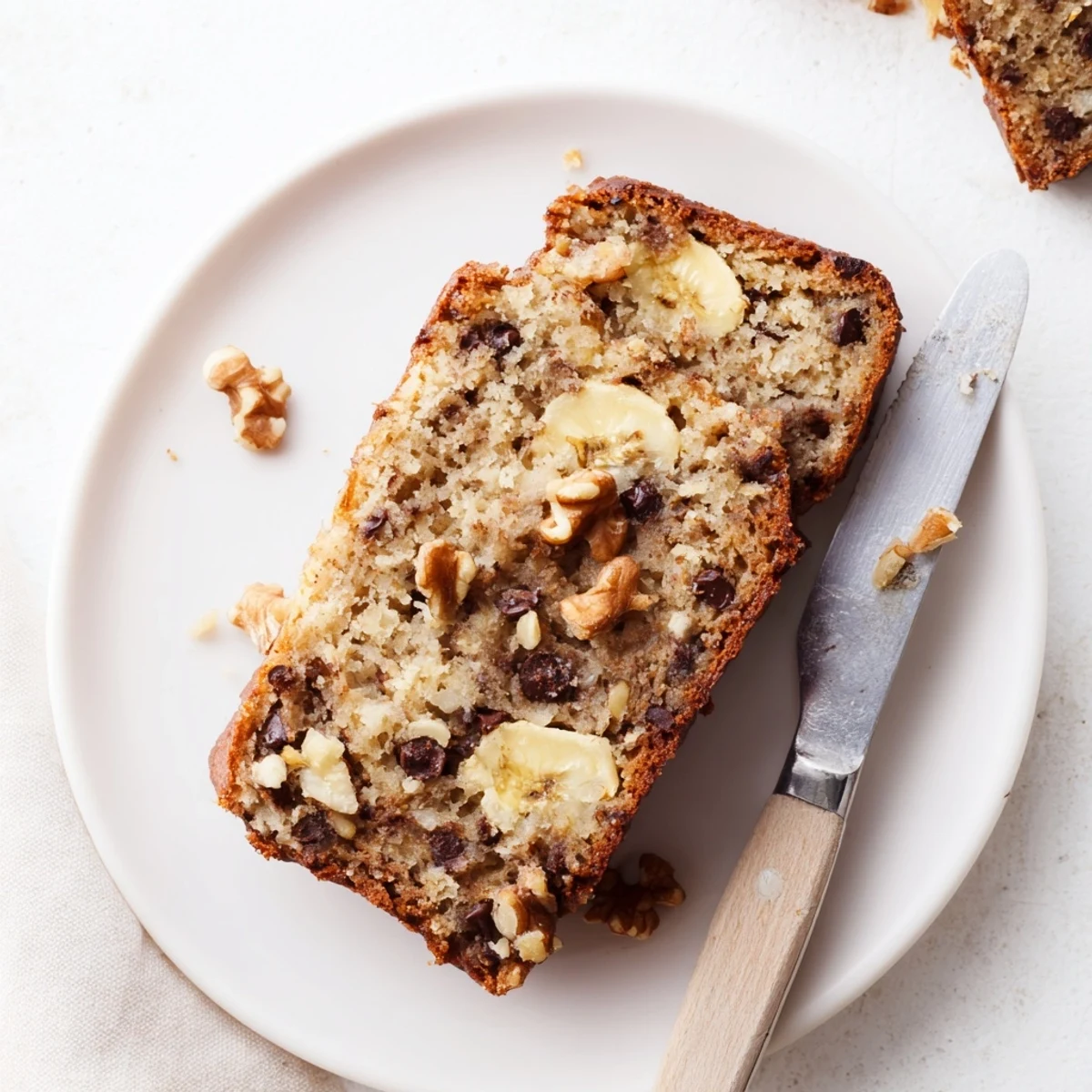 Golden slice of moist banana bread with sour cream resting on a wooden cutting board