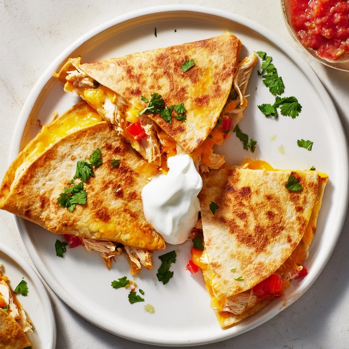 Golden crispy chicken quesadillas filled with melted cheese and colorful diced peppers