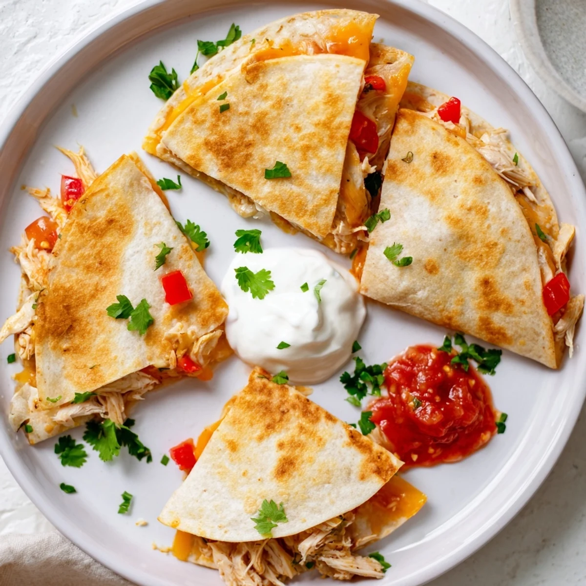 Flour tortilla quesadillas stuffed with seasoned shredded chicken and vegetables cut into wedges