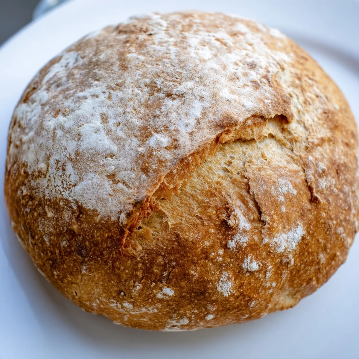 Homemade stovetop bread loaf resting on a wire rack, golden brown on both sides and dusted with flour