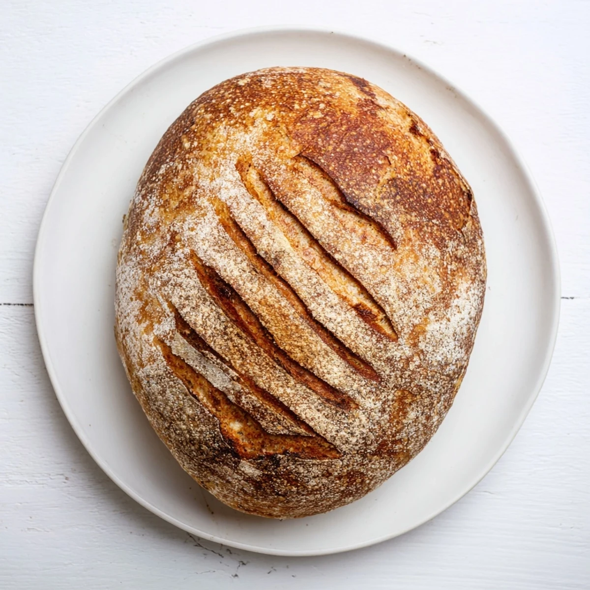 Golden brown easy rustic bread loaf with a thick, crackly crust and deep score marks on a wooden cutting board