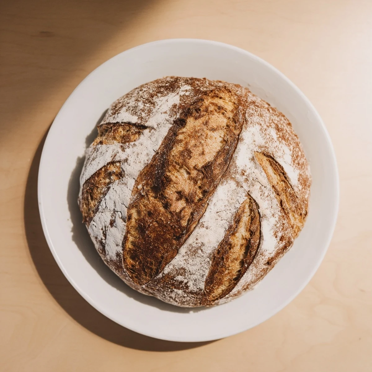 Homemade easy rustic bread with a perfectly crisp golden crust cooling on a wire rack ready for serving