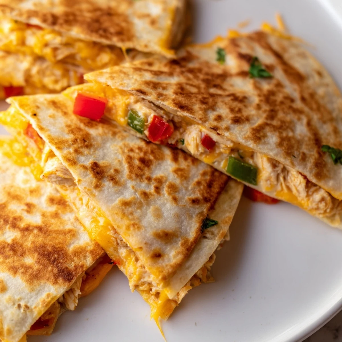 Crispy flour tortilla folded over seasoned chicken and vegetables with gooey cheese inside