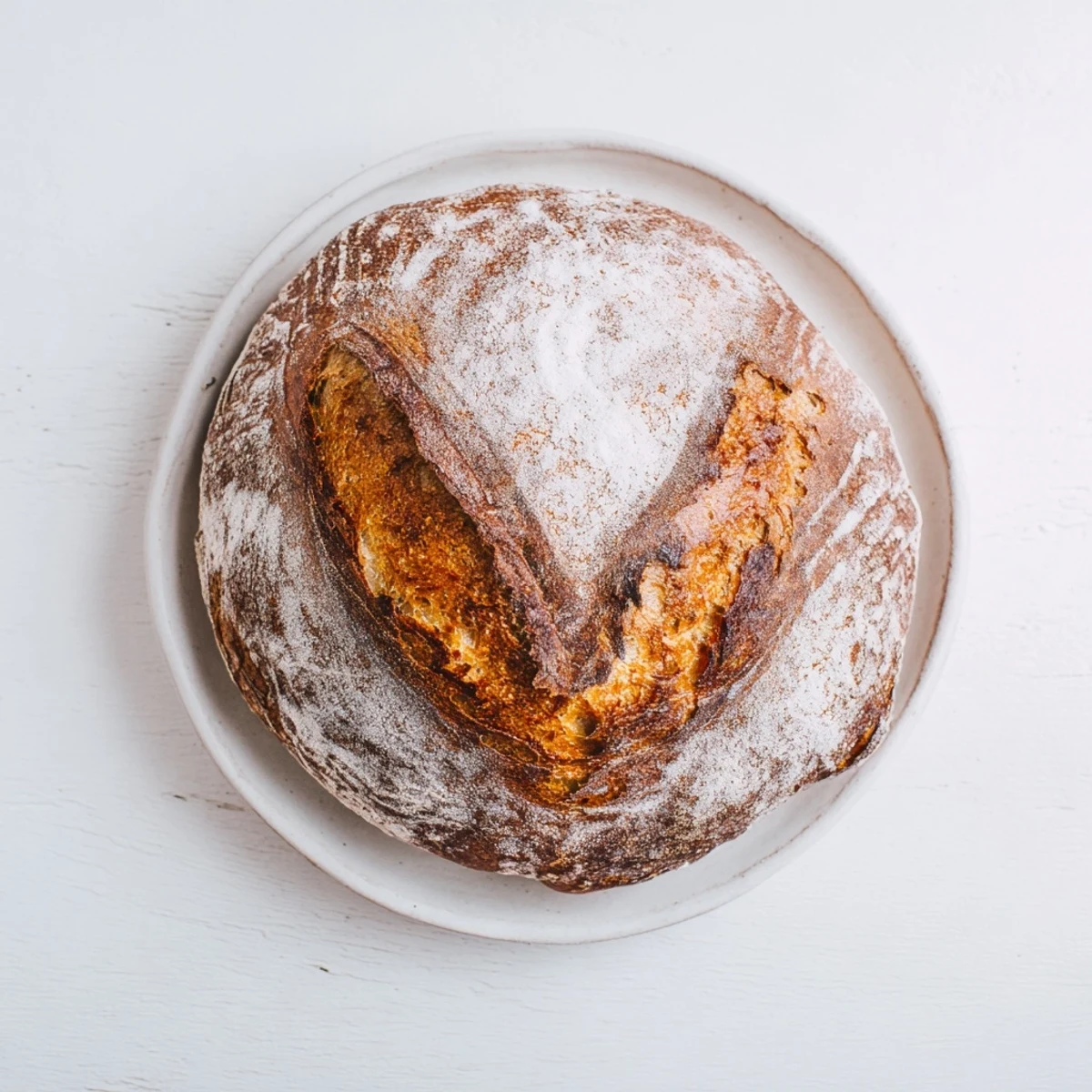 Rustic artisan no knead bread with golden crust and airy chewy interior