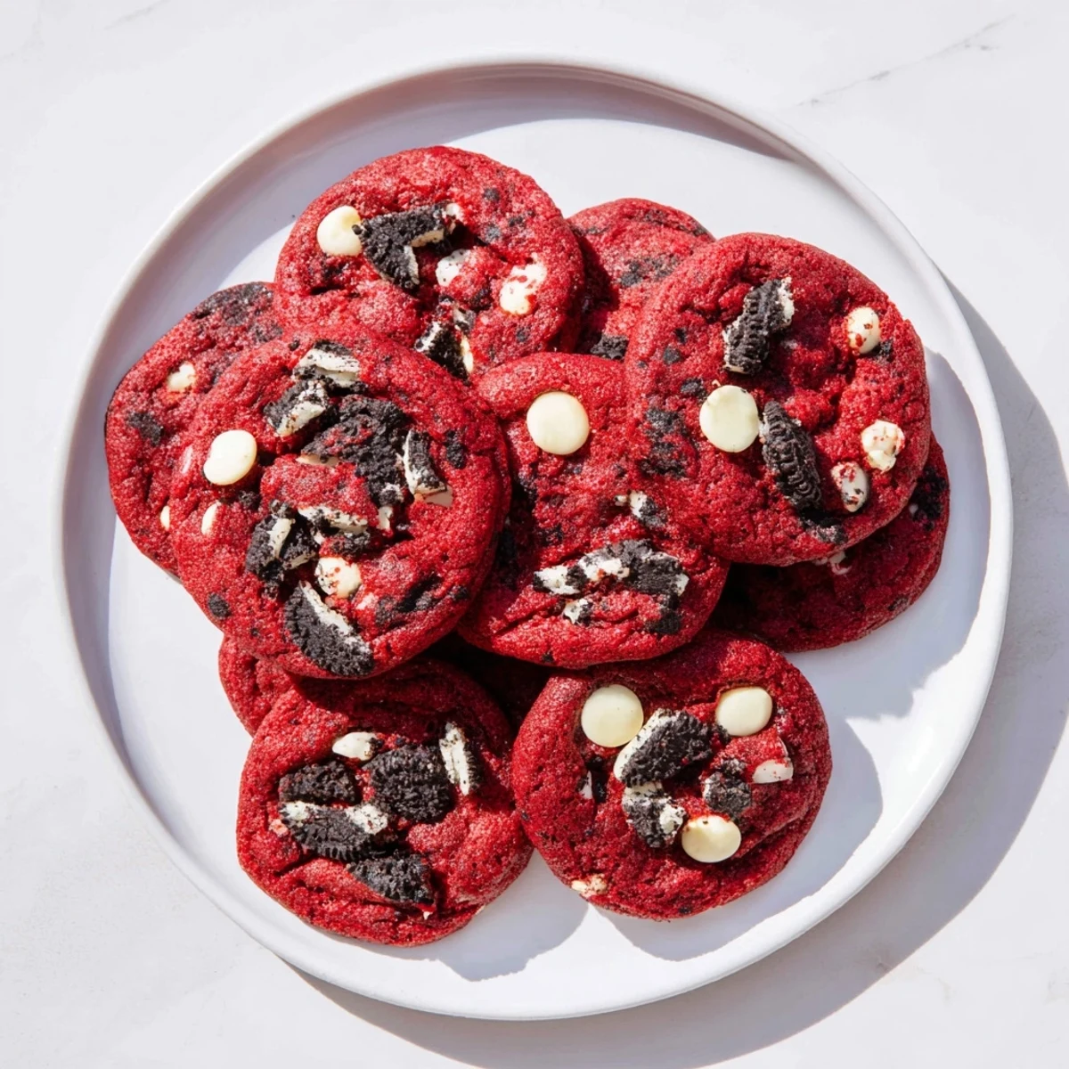 Soft batch of red velvet Oreo cookies with white chocolate chips on a wire rack
