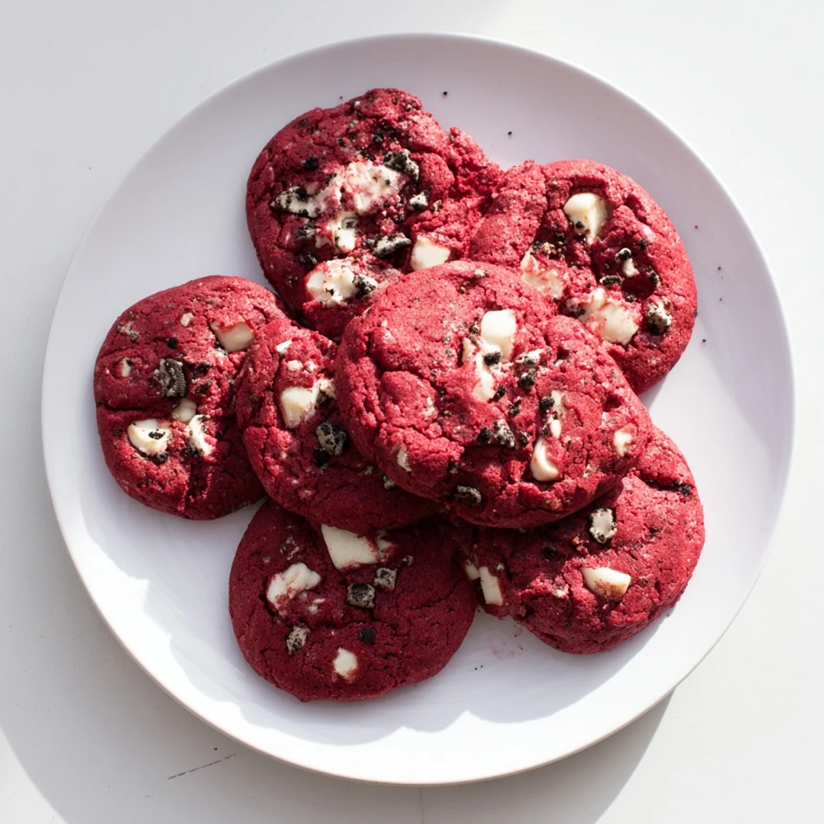 Warm red velvet Oreo cookies with melty white chocolate chips and visible Oreo chunks