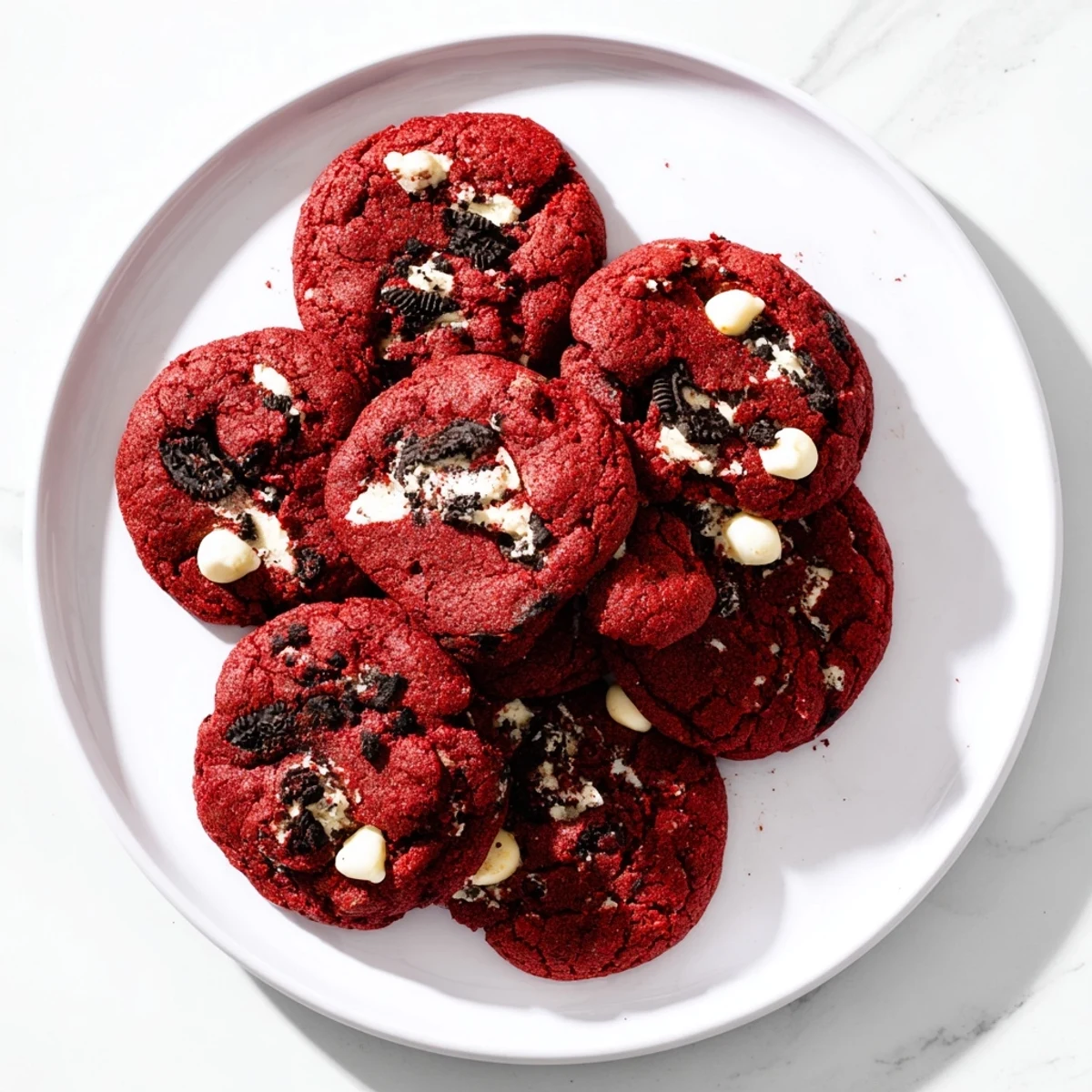 Freshly baked red velvet Oreo cookies stacked high showing chunky Oreo pieces throughout