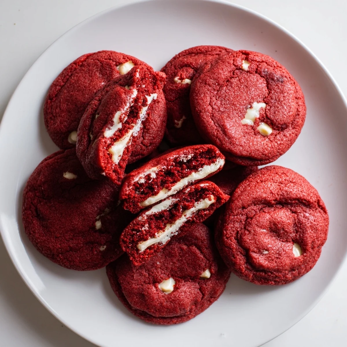 Fresh homemade red velvet Oreo cookies with white chocolate chips and creamy Oreo cream cheese filling on a wooden board.
