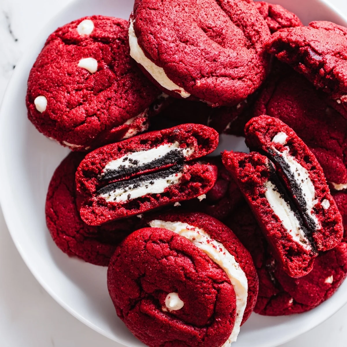 Chewy red velvet Oreo cookies stuffed with crushed Oreo filling, white chocolate chunks, and rich cocoa red dough.