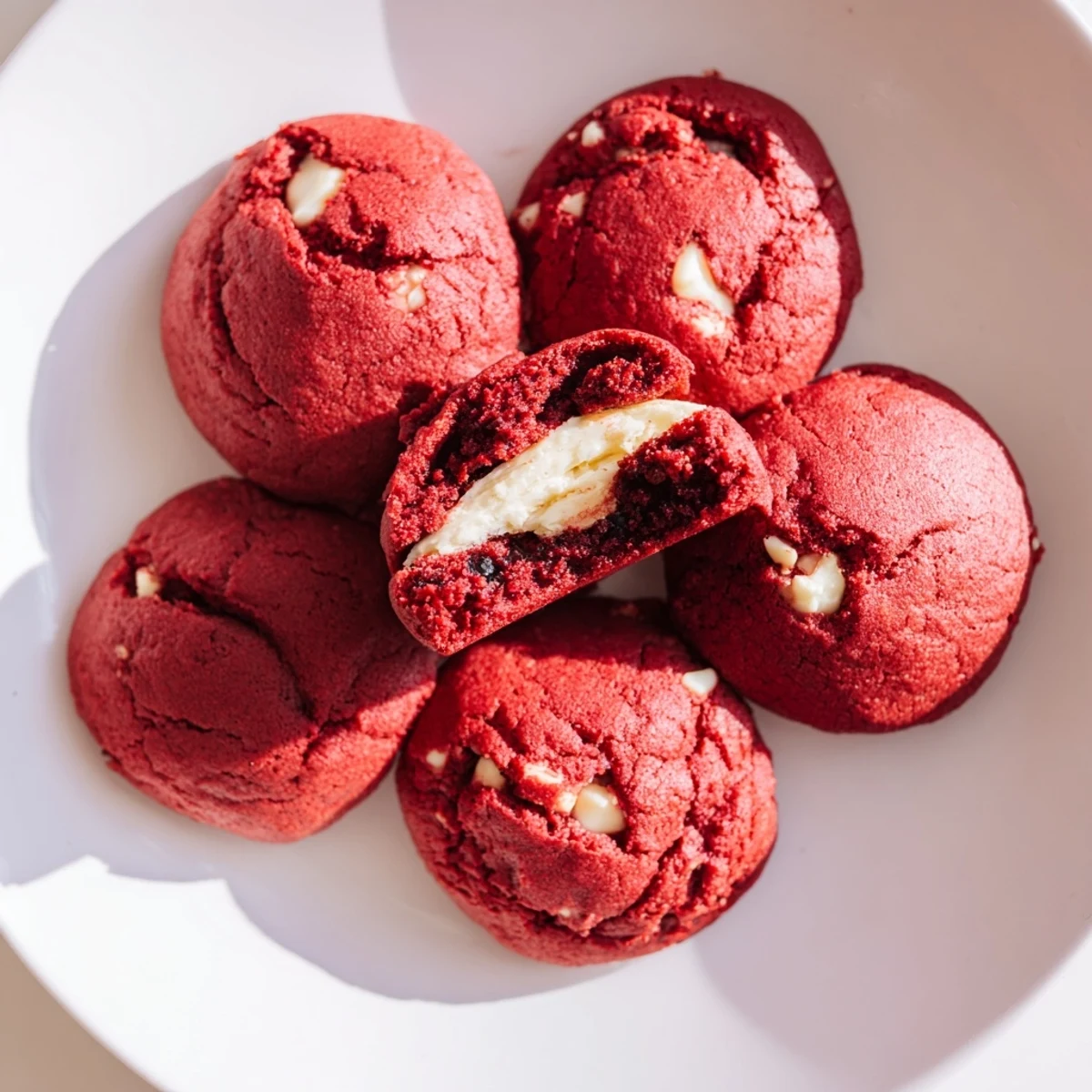 Baked red velvet Oreo cookies filled with sweet cream cheese Oreo mixture, garnished with white chocolate and extra cookie crumbs.