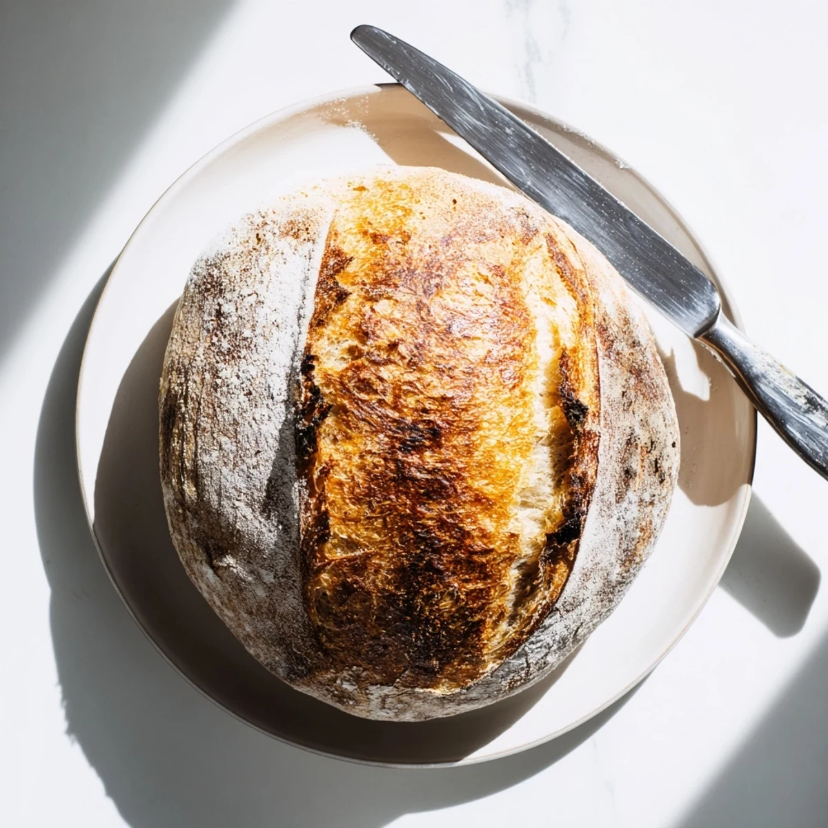 Golden artisan crusty bread loaf with crackling exterior and soft airy interior