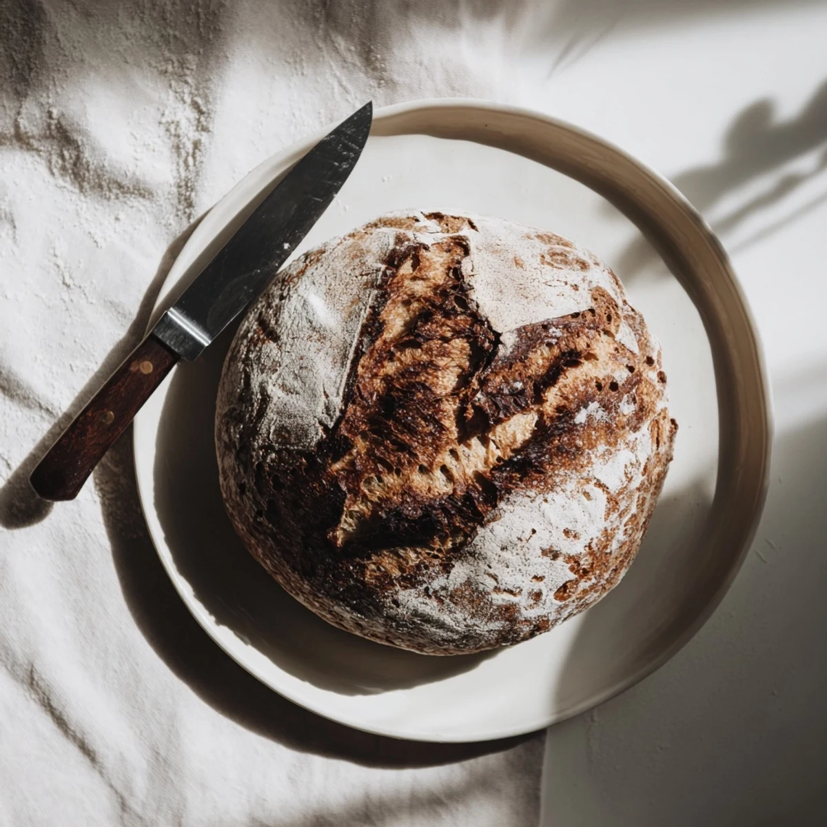 Rustic homemade crusty bread cooling on wire rack after baking in Dutch oven