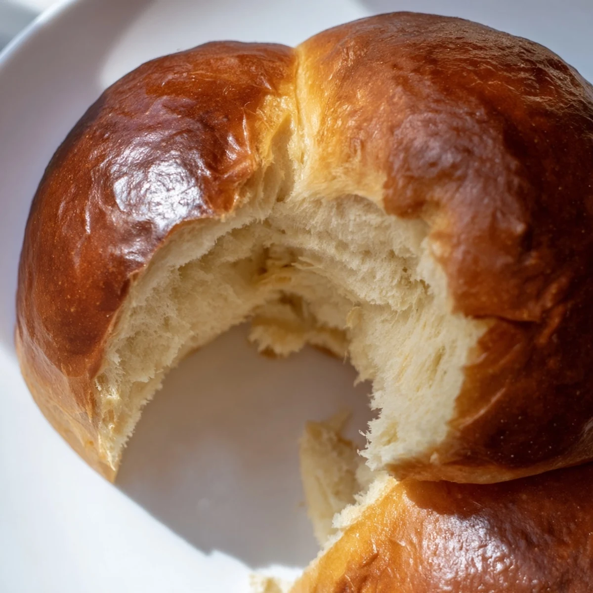 Close-up of torn brioche roll revealing tender buttery crumb and light fluffy texture inside