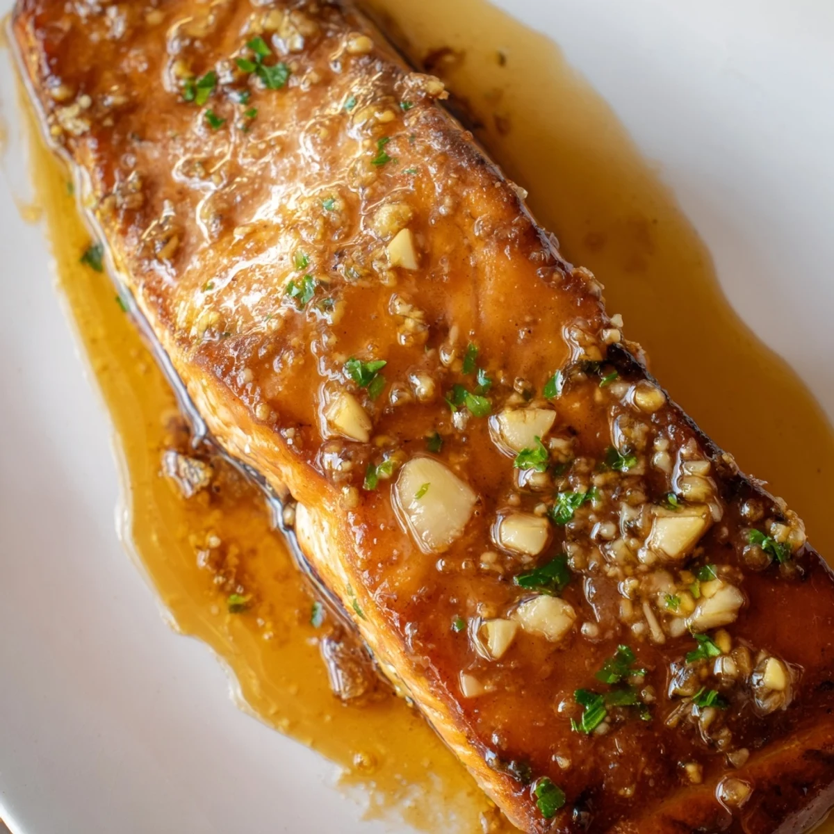 Golden pan-seared salmon fillets drizzled with sticky honey garlic glaze and fresh parsley