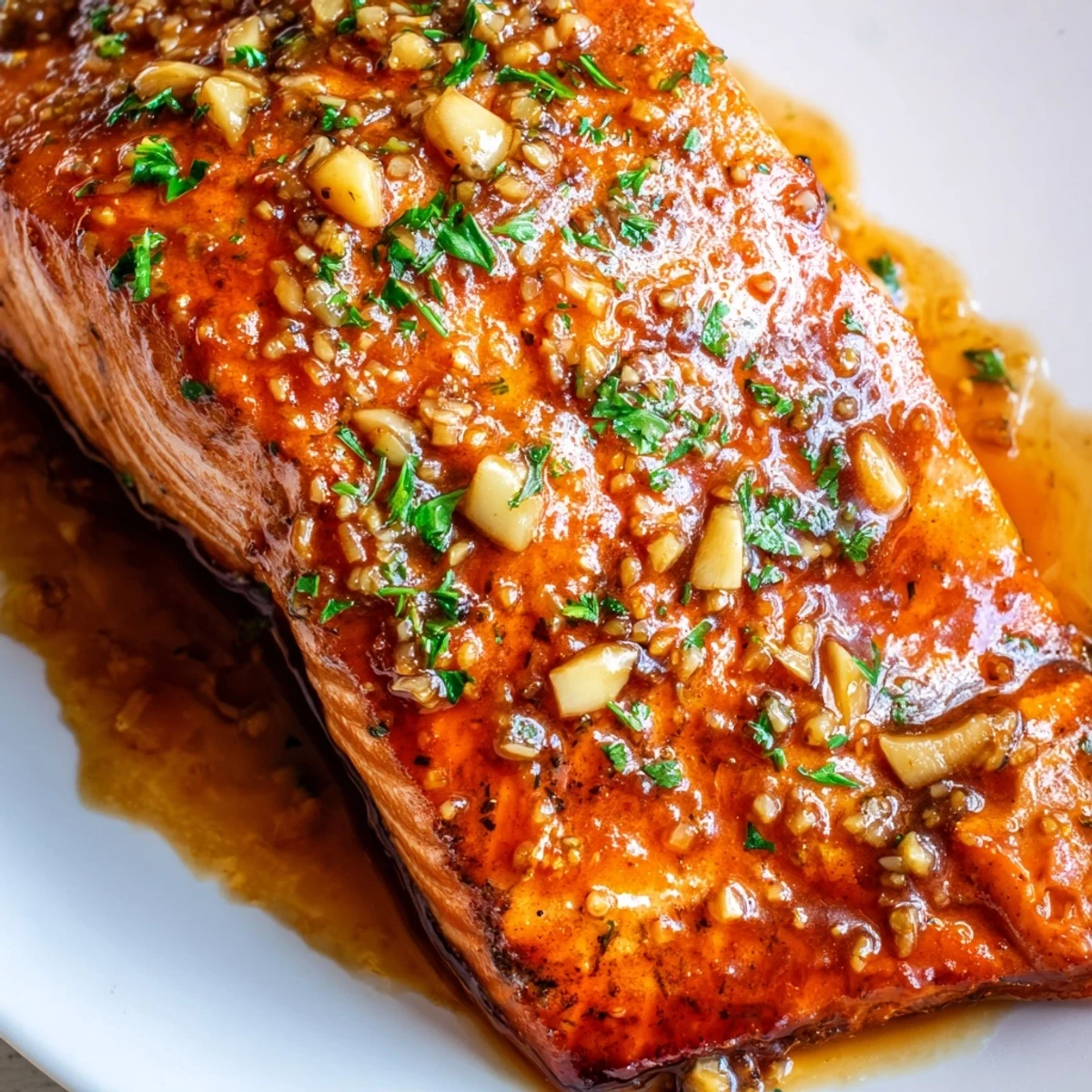 Succulent honey garlic glazed salmon pieces coated in thick sweet savory sauce garnished with herbs