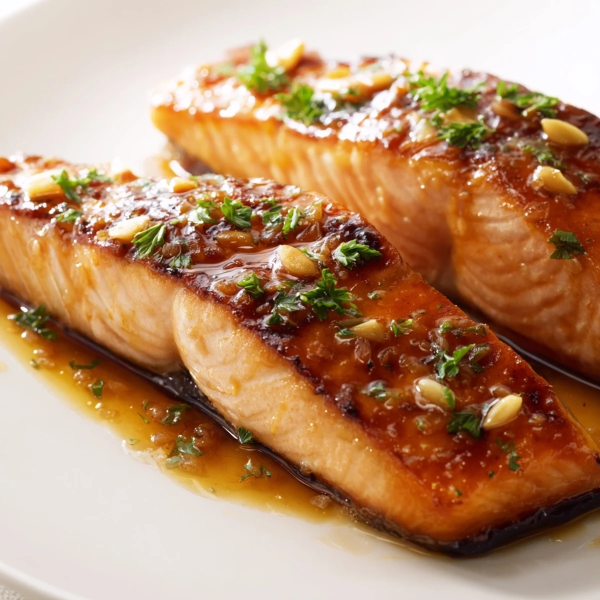 Honey garlic glazed salmon with caramelized edges served on white plate with lemon wedges