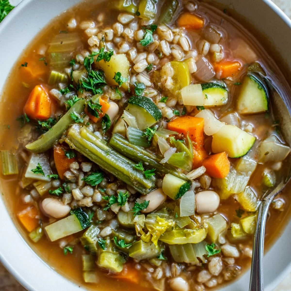 Hearty stone soup bowl filled with colorful diced vegetables and white beans in rich broth